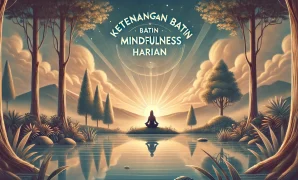 DALL·E 2025 12 09 11.00.02 A serene and beautiful digital illustration with the theme Ketenangan Batin Mindfulness Harian. The image shows a peaceful natural landscape at sunr